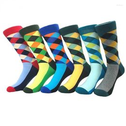 Men's Socks 6 Pairs/Pack Retro Trend Contrasting Colours Male Combed Cotton Geometric Rhombus Design Men Party Business