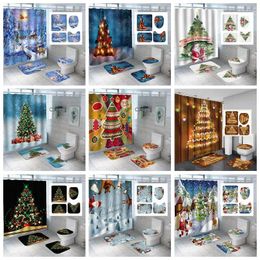Shower Curtains Christmas Tree Series Golden Waterproof Curtain Green Non-slip Mat Red Thickened U-shaped Toilet Seat Cover