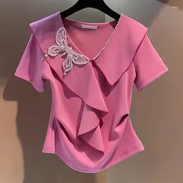 Women's T Shirts 2024 Summer Simplicity Commute Solid Color V-Neck Beading Bow Short Sleeve Spliced Folds Slim T-Shirts Clothing Tops