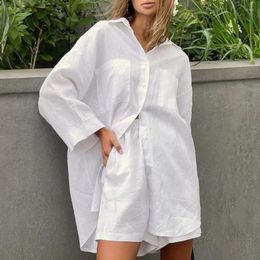 Home Clothing 2024 Wear Linen Shorts 2 Piece Sets For Womens Outfits White Summer Long Sleeve Loose Shirts Fashion Wide Leg Pyjamas Suit