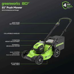 Lawn Mower Greenworks 80V 21 Brushless (Push) Cordless Electric Mower+(500 CFM) Axial Blade blower+13 Tandem Trimmer (75+Q240514