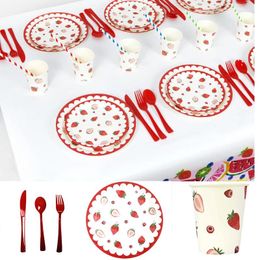 Disposable Dinnerware 10pcs Paper Plates Birthday Party Tableware Strawberry Printing Dinner Plate Knife Fork Spoon Celebration Decor