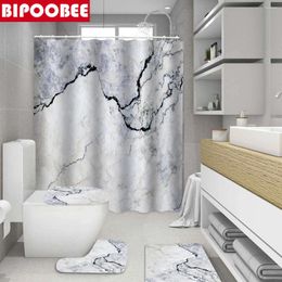 Shower Curtains Waterproof Fabric Polyester Marble Stripes Printing Bathroom Curtain Anti-slip Carpet Toilet Cover Bath Mat Rugs