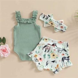 Clothing Sets 0-18months Baby Girl 3pcs Shorts Outfits Off Shoulder Romper Tops Bull Print Short Pants Head Band Infant Girls Clothes Set