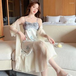 Home Clothing 2PCS Silk Satin Chinese Traditional Water-ink Painting Nightgowns Robes Sets For Women Sexy Lace Lingerie Sleepwear Night