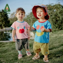 T-shirts Amila Baby T-shirt 2024 Summer New Fun Fruit Emoticon Print Soft Wicks Sweat Short Sleeve Boys and Girls ClothingL2405