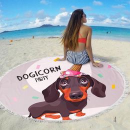 Towel Fashion Dachshund Dog Pattern Round Beach With Tassels Microfiber 150cm Picnic Blanket Mat Tapestry ST1009