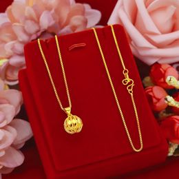 Real Gold 24k Coating Necklace for Women Wedding Engagement Hollow Ball Pendant Chain Neck Collar Female K Gold Jewellery Gifts 240515