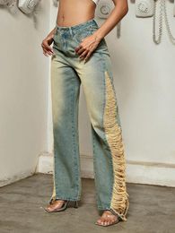 Women's Pants Y2K 2024 Women Fashion Ripped Jeans Trendy Vintage Slant Pocket High Waist Straight Leg Denim Trousers Streetwear