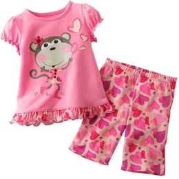 Pyjamas Summer girl clothing set pink monkey set childrens shirt and pants 2-piece set baby Pyjamas T-shirt top Trouser cotton d240515