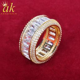 Bling Baguette Zircon Men039s Ring With Side Stones Copper Charm Gold Color Fashion Hip Hop Rock Jewelry8088934