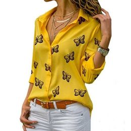 Women's Blouses Shirts Oversized S-5XL Women Butterfly Print Loose Blouse Shirts Summer Female Long Slve Button Baggy OL Workwear Tops ARJ-199Y Y240510