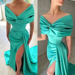 Fashion Turquoise Green Prom Dresses Off Shoulder Evening Gowns Pleats Slit Formal Red Carpet Long Special Ocn Party Dress 0515