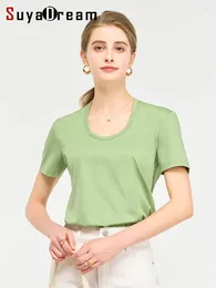 Women's T Shirts SuyaDream Women Solid Silk Cotton Blend Square Collar Short Sleeved Tee 2024 Summer Candy Colors Basic Cozy Top