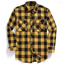 Men's Casual Shirts 2024 Men Flannel Shirt Long-Sleeve Chest Two Pocket Design Fashion Printed-Button Vintage Classic Plaid Trend Blouse