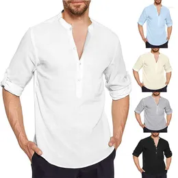 Men's Casual Shirts 2024 Tops Cotton And Linen Large Size Loose Fashionable Stand Collar 5-quarter Sleeve Solid Color Shirt For Men