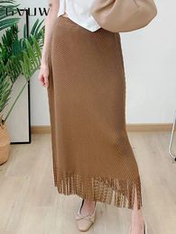 Skirts GVUW Pleated Women Skirt Spliced Tassel Solid Color Elastic Waist Loose Medium Long 2024 Summer Female Clothing 17G5995