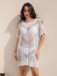 White Knitted Hollow Out Cosy Beach Wear Sexy Mini Dress Needle Hook Swimsuit Cover-up Lounge Outfit Bathrobe Q1649