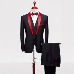 Men's Suits STEVDITG Black Male Red Shawl Lapel Single Breasted One Button Tailor Formal Business Luxury 3 Piece Jacket Pants Vest