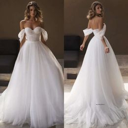 Boho A Line Dresses For Bride Off Shoulder Wedding Dress Pearls Sweetheart Tulle Designer Bridal Gowns 0515