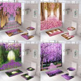 Shower Curtains Garden Purple Flowers Vine Tree Curtain Set Scenery Bathroom Screen Anti-slip Bath Mats Toilet Lid Cover Carpet Rug Home