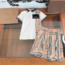Top kids designer clothes baby tracksuits boys T-shirt set Size 110-160 CM Khaki plaid splicing POLO shirt and shorts 24Mar