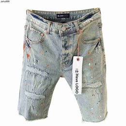 Casual Summer Mens Blue Jean Designer Denim Shorts Pocket Straight Night Club Man Patch RIP Jeans Purple