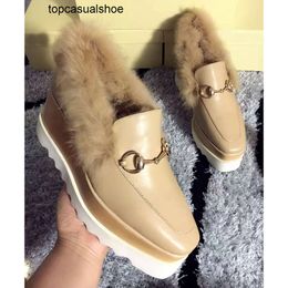 Stella Mccartney Hot Sale- Rabbit Fur Women Creepers Shoes Metallic Buckle Warm Ankle Boots Female Loafers Casual Leather Oxfords Shoes Sneakers Flats