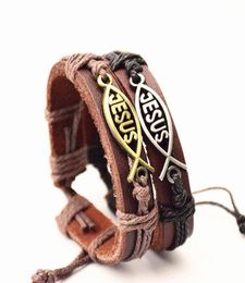 whole 10pcslot silvergold handmade Jesus Christ Fish Leather Cuff Bracelets for Men Women Fashion Jewellery brand new9973186