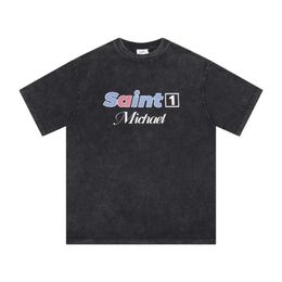 Men's T-Shirts 2024 Summer New Saint Michael T Shirt Letter Printing Wash Old High Strt Retro SAINT Short Slve Top T Shirt T240515