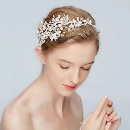 Headpieces New Silver Leaf Headband Bridal Tiara Pearls Wedding Hair Crown Accessories Fashion Women Prom Hair Piece Handmade Jewelry