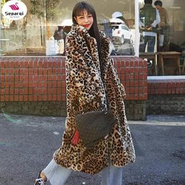 Women's Fur SEPARQI High Street Leopard Print Long Faux Coat Fluffy Jacket For Women Winter Trench Plush Jackets