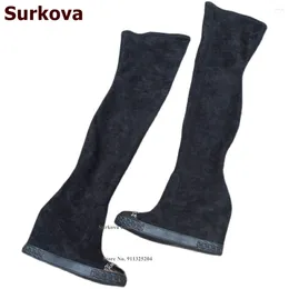 Boots Surkova Black Suede Wedge Heel Over The Knee Metallic Chain Steel Tip Toe Long Dress Slim Fit Thigh High US9.5