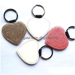 Keychains & Lanyards Sublimation Glitter Leather Blank Pink Golden Heart Shape Key Ring With Bright Powder Transfer Printing Consumab Dhxmh