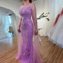 Party Dresses Serene Hill Dubai Lilac Feathers Evening With Cape Sleeves 2024 Arabic Long Women Wedding Prom Dress LA72036