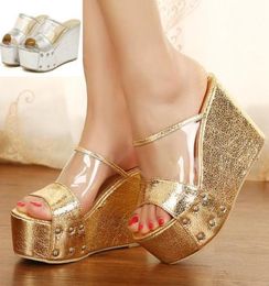 New sexy shiny gold silver transparent shoes platform wedge peep toe high heel slipper women summer sandals ePacket 6792703