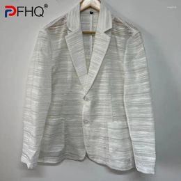 Men's Suits PFHQ Striped Perspective Blazers Summer Male Organza Embroidery Single Breasted Youth Loose Pockets Suit Jackets 21Z4564