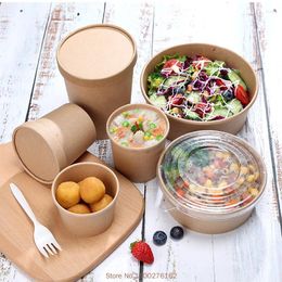 Take Out Containers 50pcs/pack Big Size Disposable Paper Bowl Fruit Salad Fast Food Package Takeaway Storage With Plastic Lid