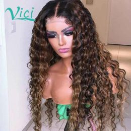 Wigs Brown And Blonde Highlight Wig Brazilian Curly Ombre Human Hair Wigs Coloured Deep Wave 180 Density Lace Front Wig Human Hair