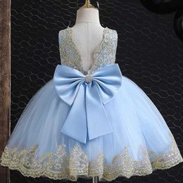 Girl's Dresses Princess Baby birthday communion party dance lace dress flower girl new years new Christmas party big bow Tutu Dress Y240514