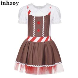 Dancewear Kids Girl Christmas Gingerbread Costume Halloween Party Xmas Cookie Cosplay Apron Striped Ballet Tutu Dress Leotard DancewearL2405