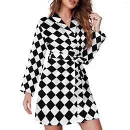 Home Clothing Retro Plaid Pyjama Robe Black And White Cheques Long Sleeve Lovely Pyjamas Robes Lady V Neck Room Sleepwear Autumn Design