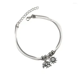 Anklets Y Bohemian Alloy Elephant Sun Three-Layer Multi-Layer Square Bead Chain Ankle With Retro Decorations
