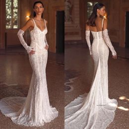 Berta Lace Mermaid Dresses Straps Backless Wedding Dress Sweep Train Sequins Lace Bridal Gowns 0515
