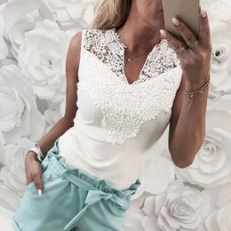 Summer Womens Lace Hollow Slim Fit Sexy Sleeveless V-neck Casual Splicing T-shirt Top Light Blue White Harajuku Street Clothing S-XL 240508