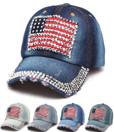Fashion American Flag Baseball Cap Men Sport Rhinestone Jeans Ball Cap Women Travel Bling Snapback Denim Sun Hat TTA11141199953