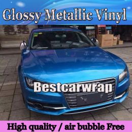 Stickers Midnight Metallic Gloss blue Vinyl Car wrap sticker With Air Bubble Free Shiny Glossy blue wrap film Vhicle covering foil :1.52*20