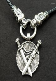 Pendant Necklaces Vintage Viking Double Sword Necklace Choker For Men With Dragon Head PU Leather Chain Amulet Taliman Jewellery Gif9708167