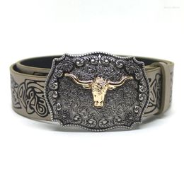 Belts Embossed Belt With Body Shallow Gold Cow Head Buckle Carved Large Plate Artistic Retro
