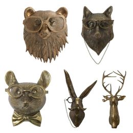 Bronzed Resin Animal Head Sculpture with Glasses Wall Mounted Bear Mouse Statue Figurine Hanging Pendant Home Decor 240513
